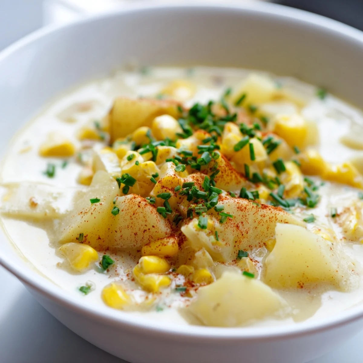 Comforting Creamy Corn and Potato Chowder with Herbs served with crusty bread for dipping, perfect for a chilly evening.