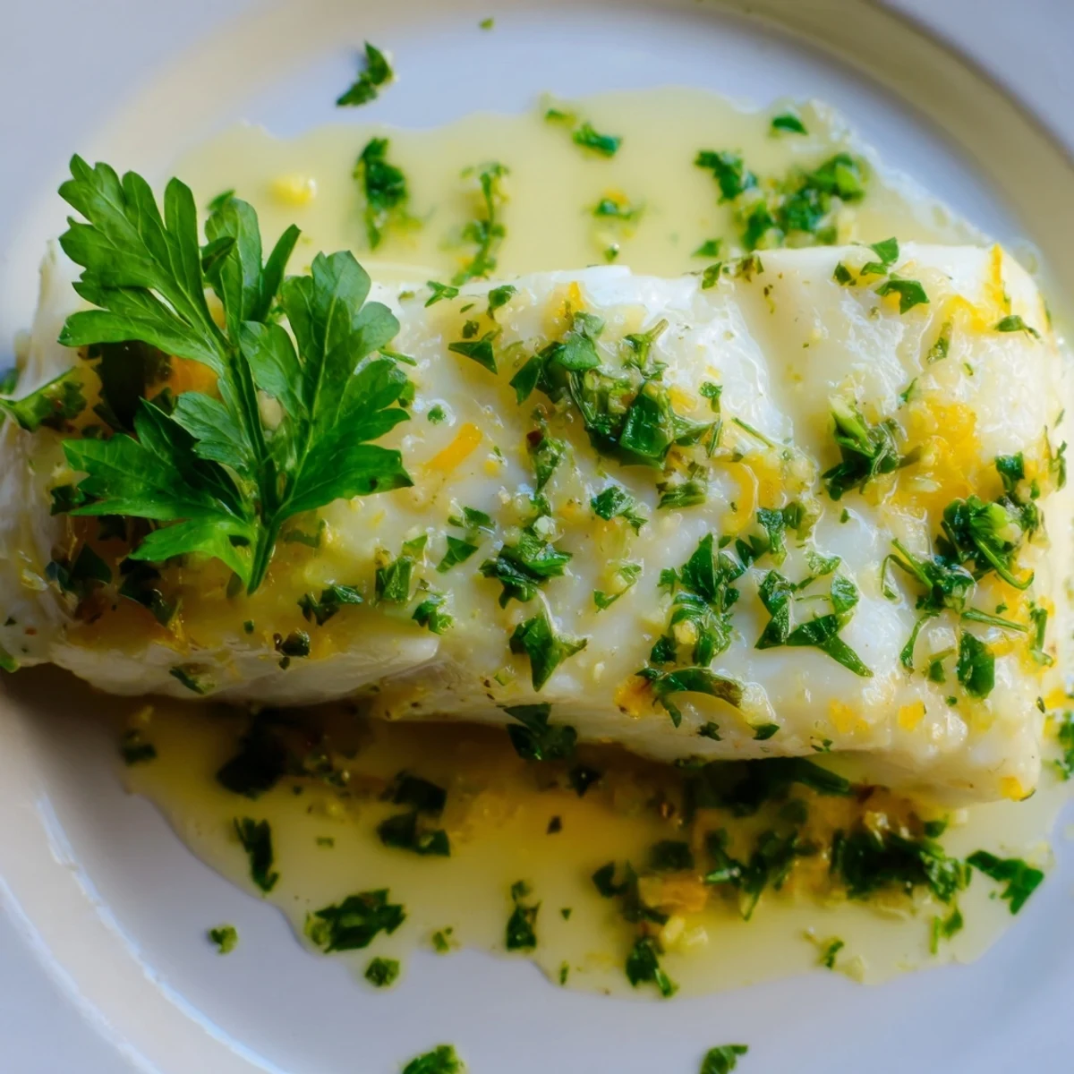 Golden-brown Baked Halibut with Lemon Butter Sauce flaking easily with a fork, served with asparagus.