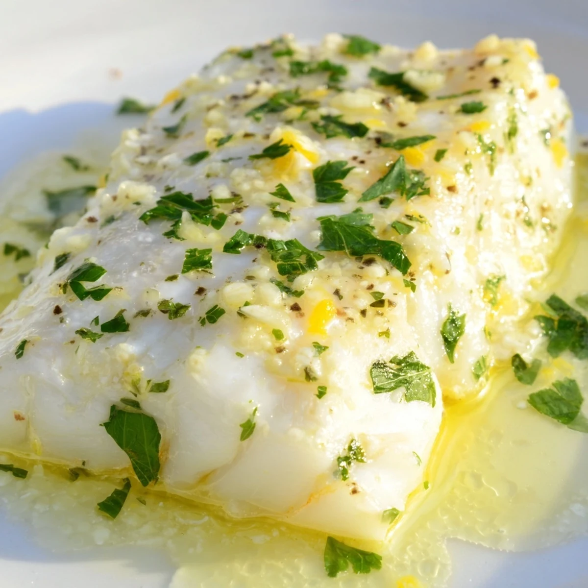 Sizzling Baked Halibut with Lemon Butter Sauce ready to serve alongside roasted potatoes and lemon slices.