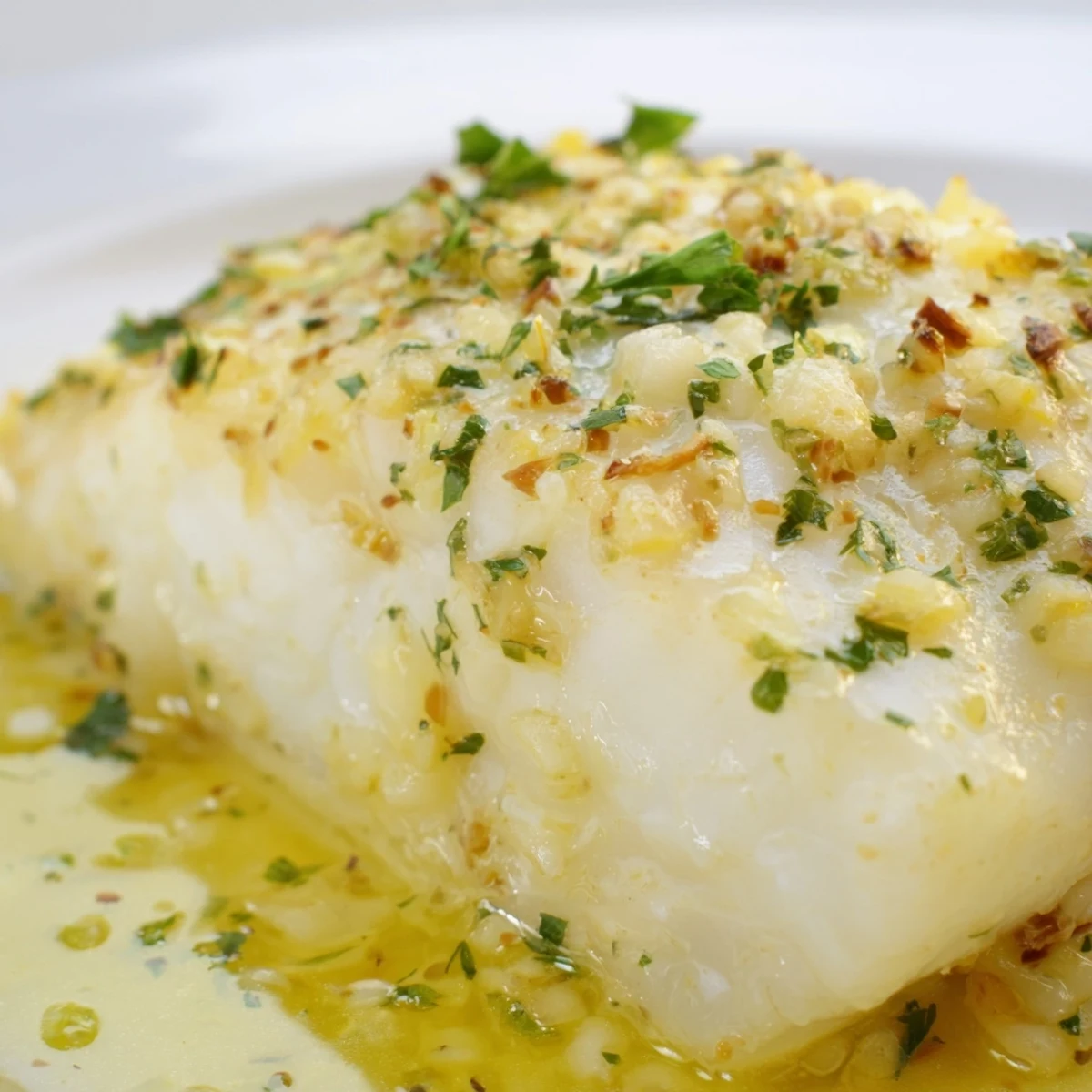 Freshly baked Baked Halibut with Lemon Butter Sauce drizzled with garlic butter and parsley garnish.