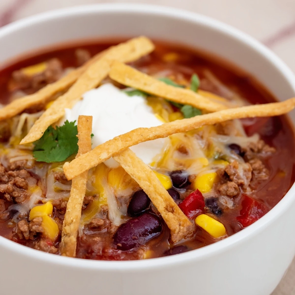 Close-up of a warm bowl of Beef Enchilada Soup with Tortilla Strips, garnished with shredded cheese and fresh cilantro.