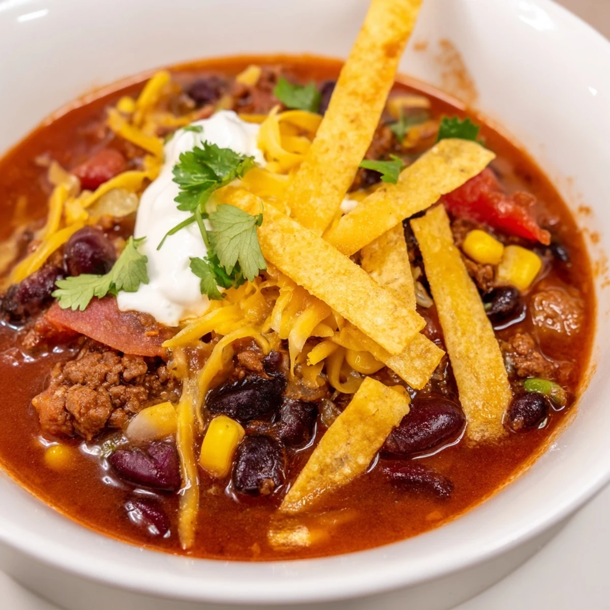 Steam rises from a hearty bowl of Beef Enchilada Soup, topped with crunchy tortilla strips and a dollop of sour cream.