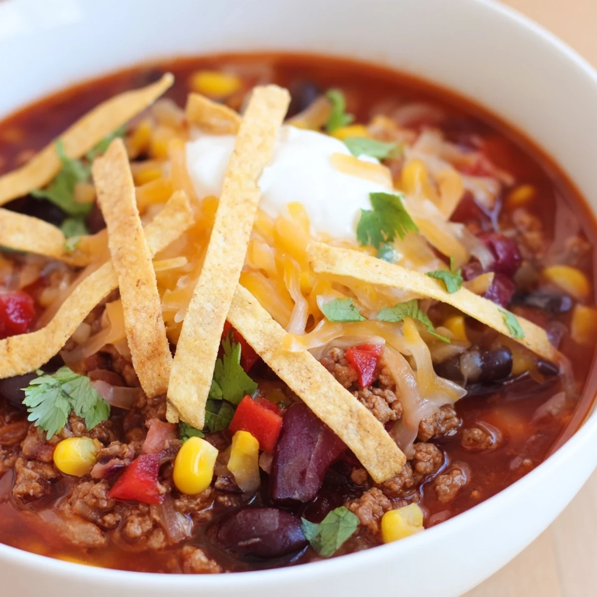 Colorful Beef Enchilada Soup in a rustic bowl, featuring golden tortilla strips and a bright lime wedge on the side.