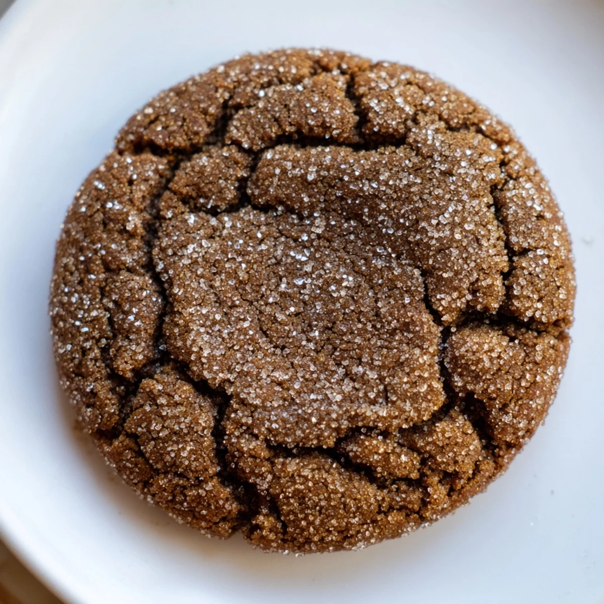 Golden-brown Spiced Molasses Cookies with a cracked top, dusted with sugar, stacked on a rustic wooden board.