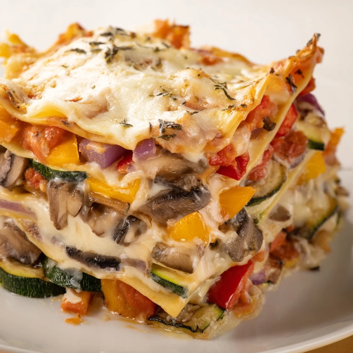 Golden, bubbling layers of Roasted Vegetable Lasagna with Cheese Sauce, fresh basil garnish on top.