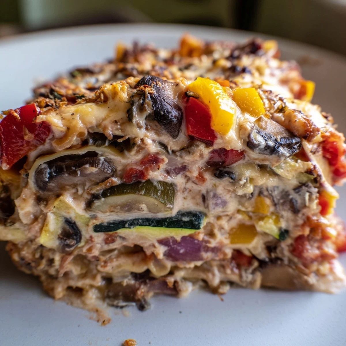A slice of Roasted Vegetable Lasagna with Cheese Sauce showcases colorful roasted vegetables and melted cheese.
