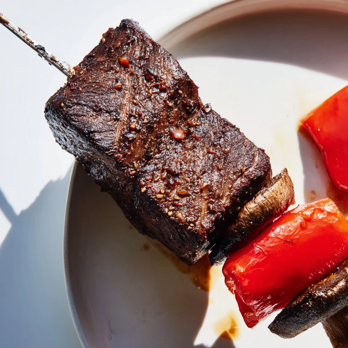 Tender marinated beef cubes and charred bell peppers skewered alongside mushrooms for a savory barbecue meal.