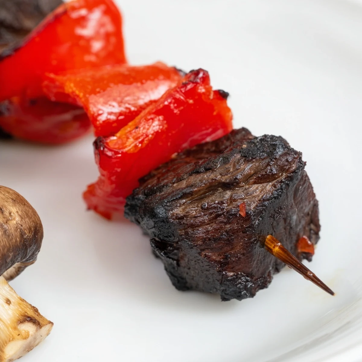 Golden-brown grilled Beef Kebabs with Peppers and Mushrooms sizzling on a plate, garnished with fresh parsley.