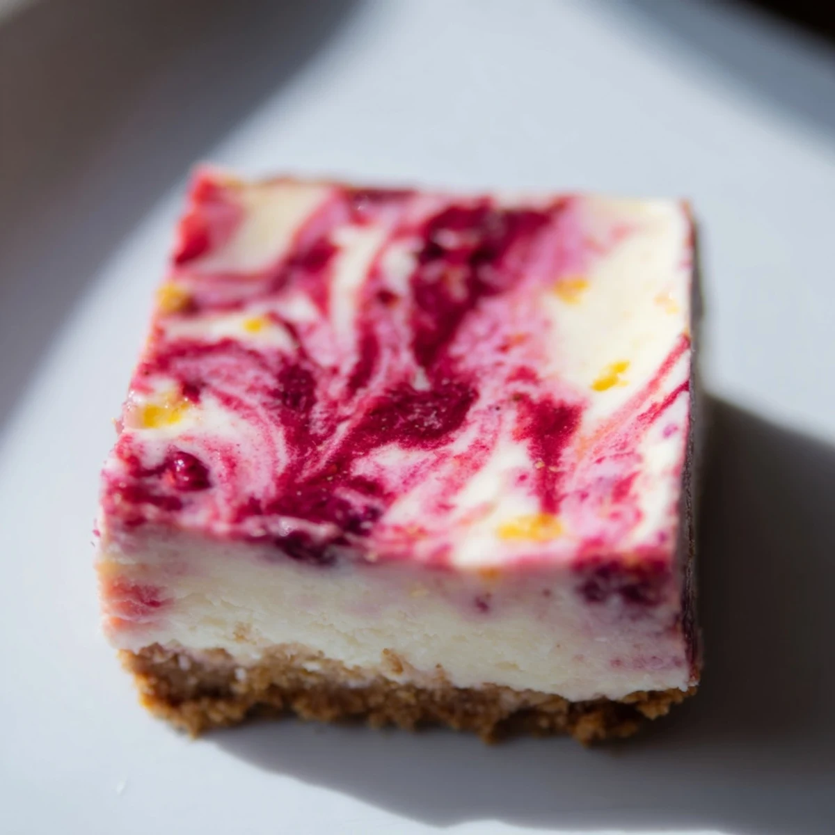 Creamy Lemon Raspberry Cheesecake Squares topped with ruby-red berries on a buttery graham cracker crust.