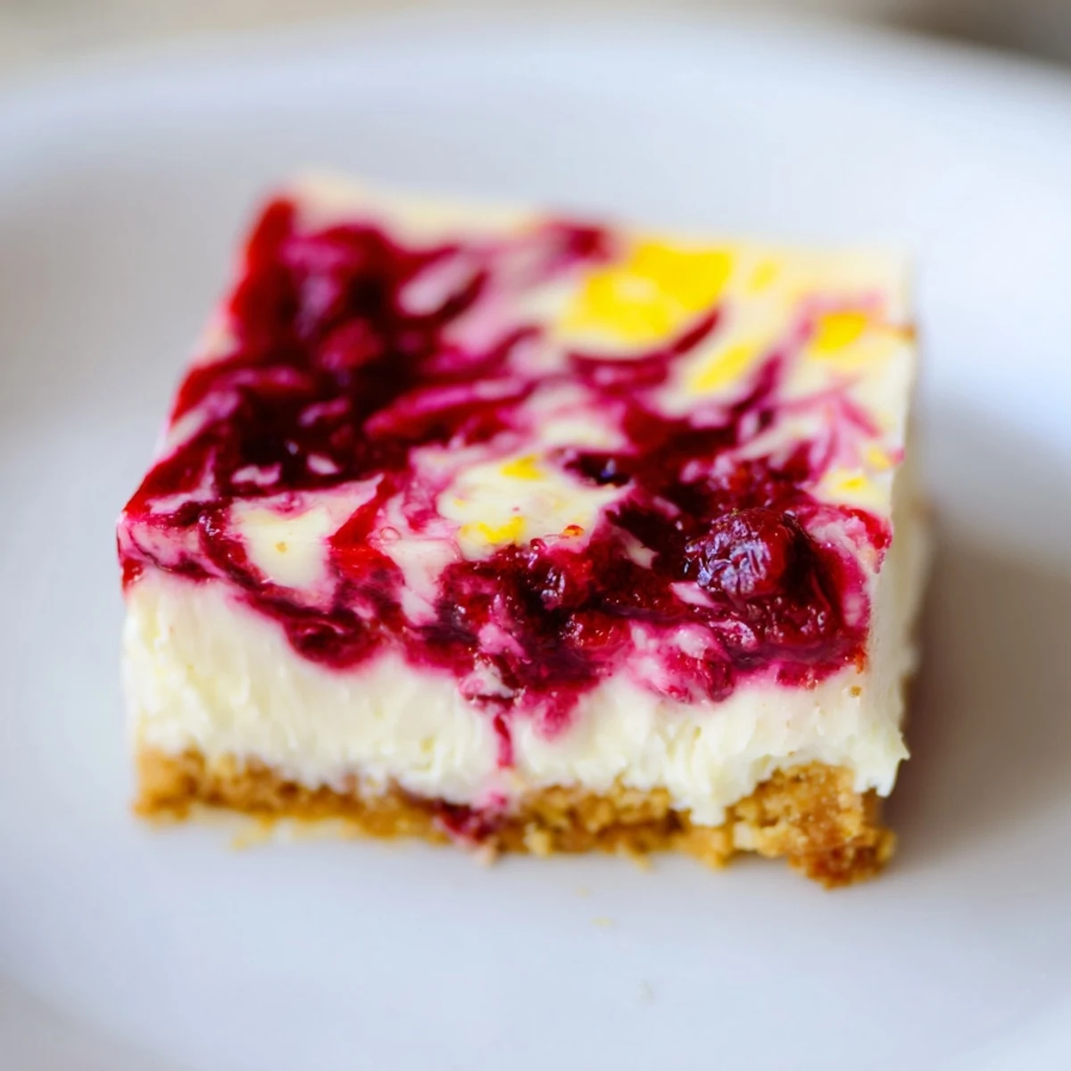 Freshly baked Lemon Raspberry Cheesecake Squares with a marbled pink swirl, resting on a parchment-lined tray.