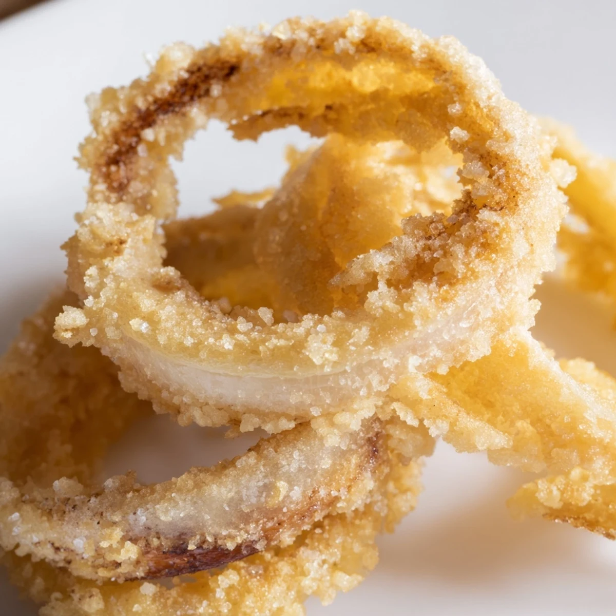 Close-up of Crispy Onion Rings with Batter showing a crunchy, light coating and tender onion spirals.