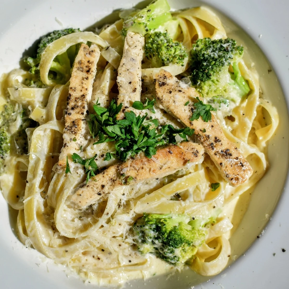 Creamy Chicken Alfredo with Broccoli served in a white bowl, topped with fresh parsley and extra Parmesan.