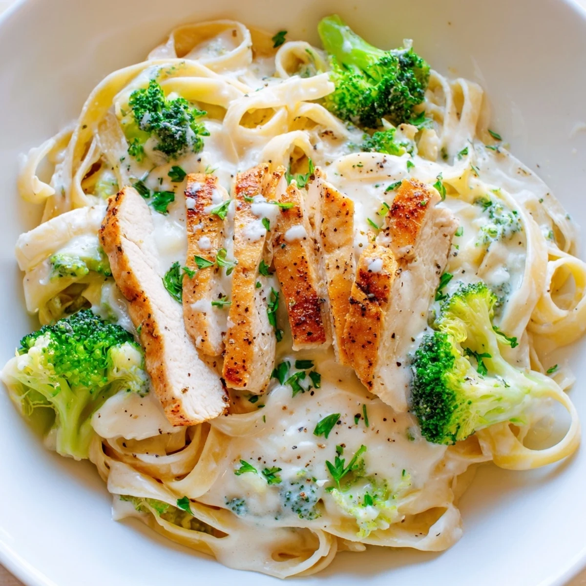 Close-up on fettuccine coated in creamy Alfredo sauce with tender chicken and broccoli florets for a comforting dinner.