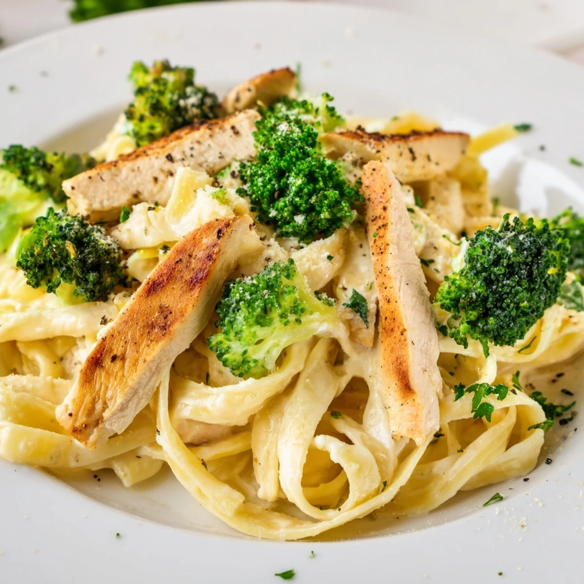 A generous skillet portion of Creamy Chicken Alfredo with Broccoli featuring golden chicken strips and crisp-tender broccoli.