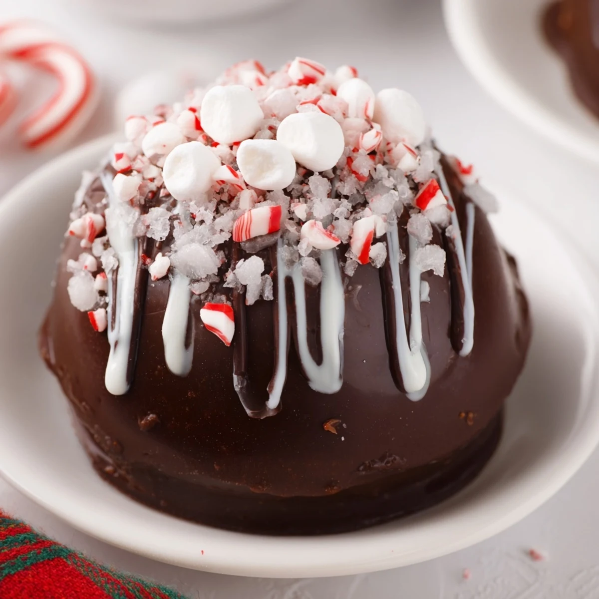 Four Peppermint Hot Cocoa Bombs with Marshmallows are ready to gift in a clear cellophane bag tied with red ribbon, surrounded by candy canes. 