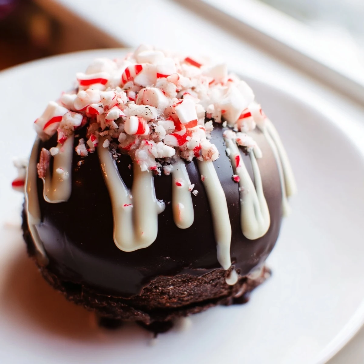 Peppermint Hot Cocoa Bombs with Marshmallows sit on a snowy white plate, showing glossy dark chocolate shells drizzled with white chocolate and crushed peppermint candy. 