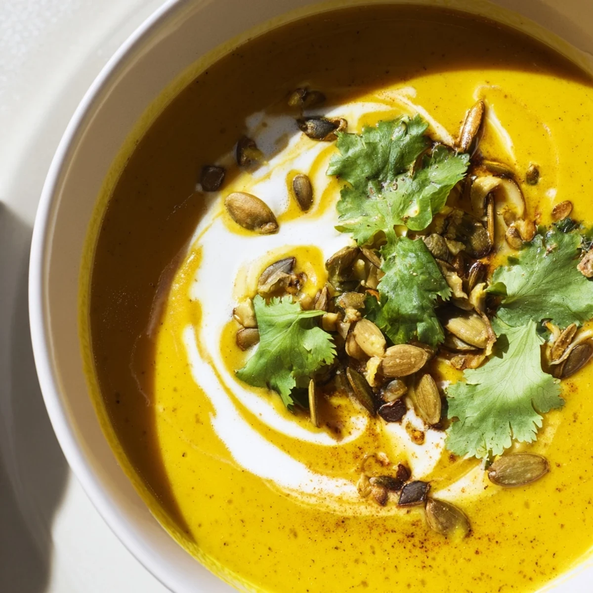 Savory Pumpkin Soup with Curry Powder in a rustic bowl, topped with a coconut swirl and fresh herbs.