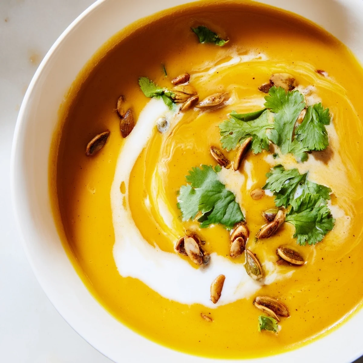 Steaming bowl of Savory Pumpkin Soup with Curry Powder, garnished with toasted seeds and cilantro.