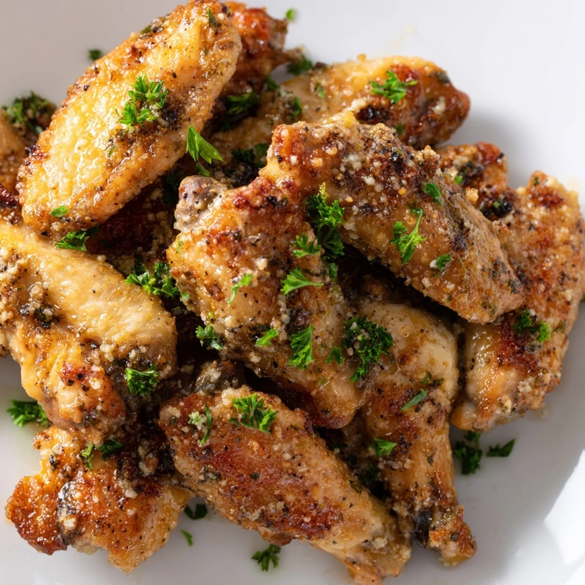 Crispy golden Baked Lemon Pepper Chicken Wings fresh from the oven, garnished with fresh parsley and lemon zest.