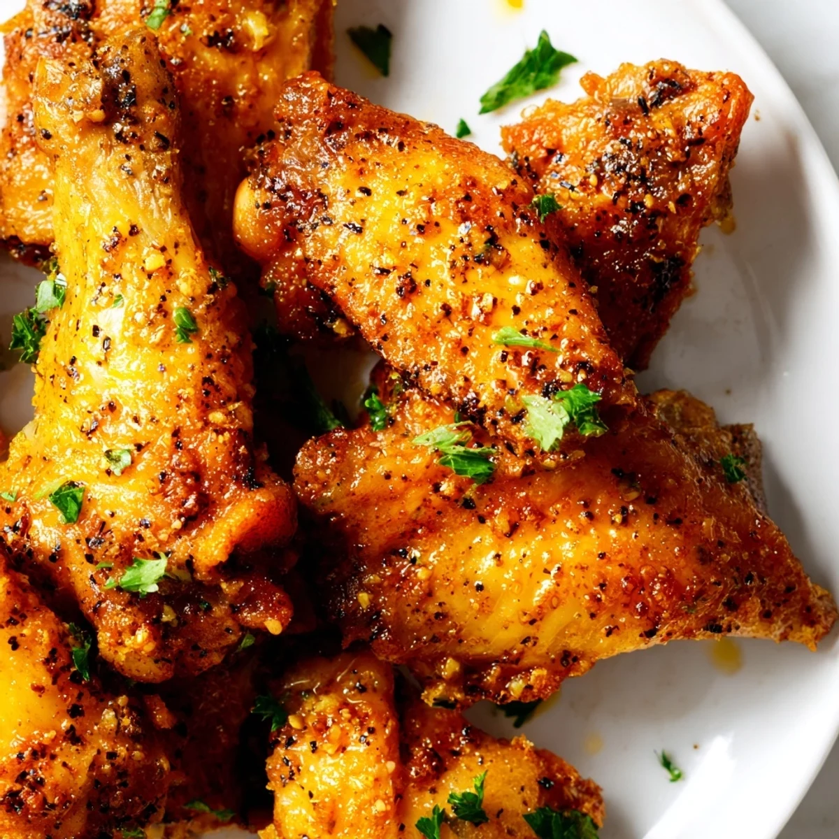 Golden-brown Baked Lemon Pepper Chicken Wings arranged on a wire rack with lemon slices and fresh parsley.