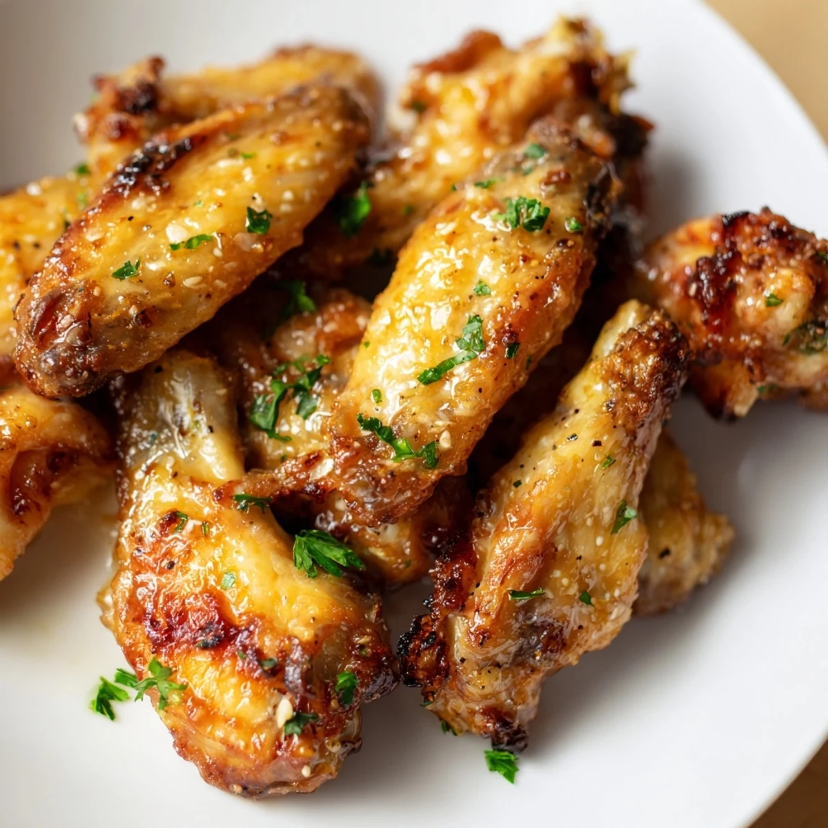 Oven-baked Baked Lemon Pepper Chicken Wings tossed in a buttery lemon pepper coating on a serving platter.