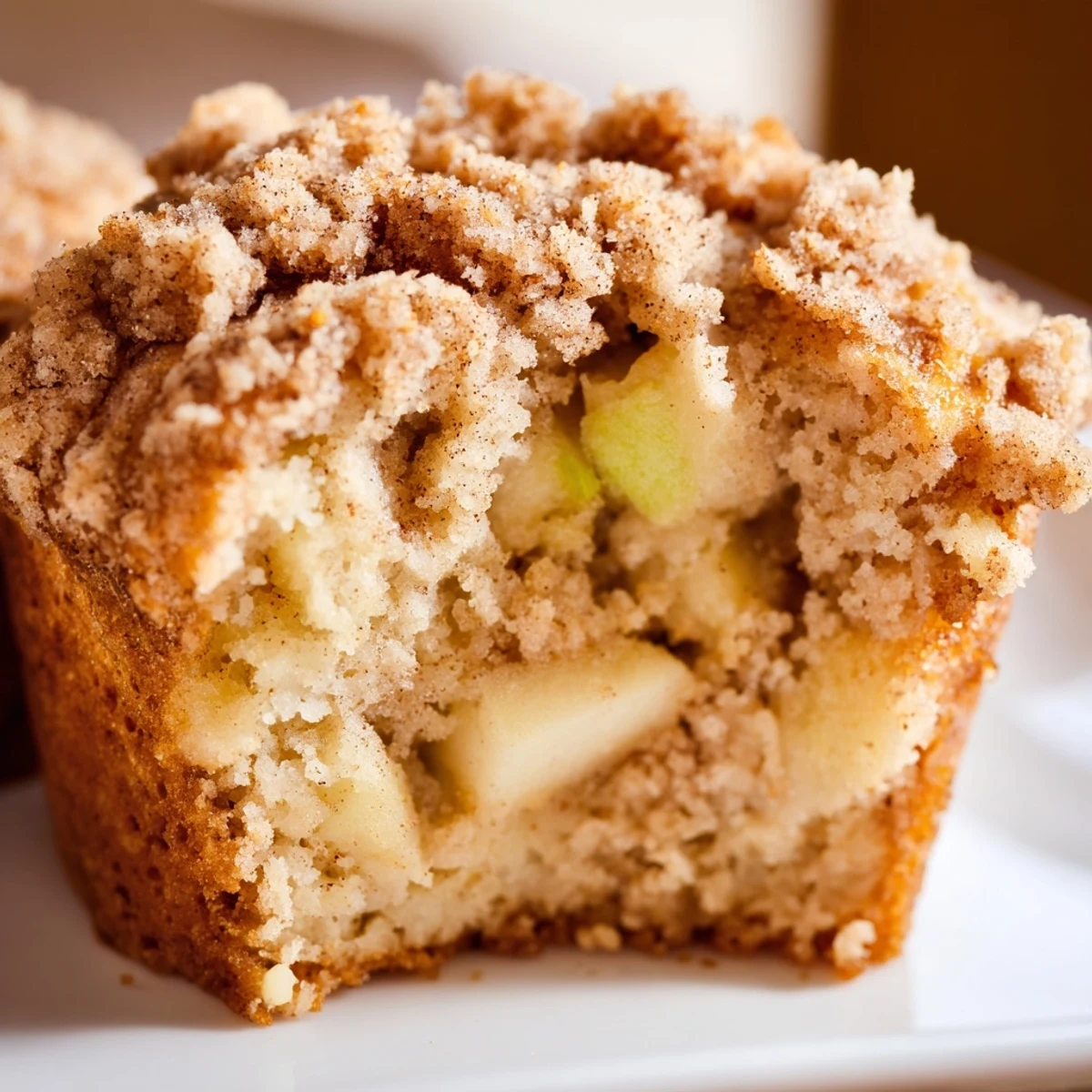 A close-up of a Cinnamon Apple Muffin with Streusel topped with a dollop of soft butter melting.