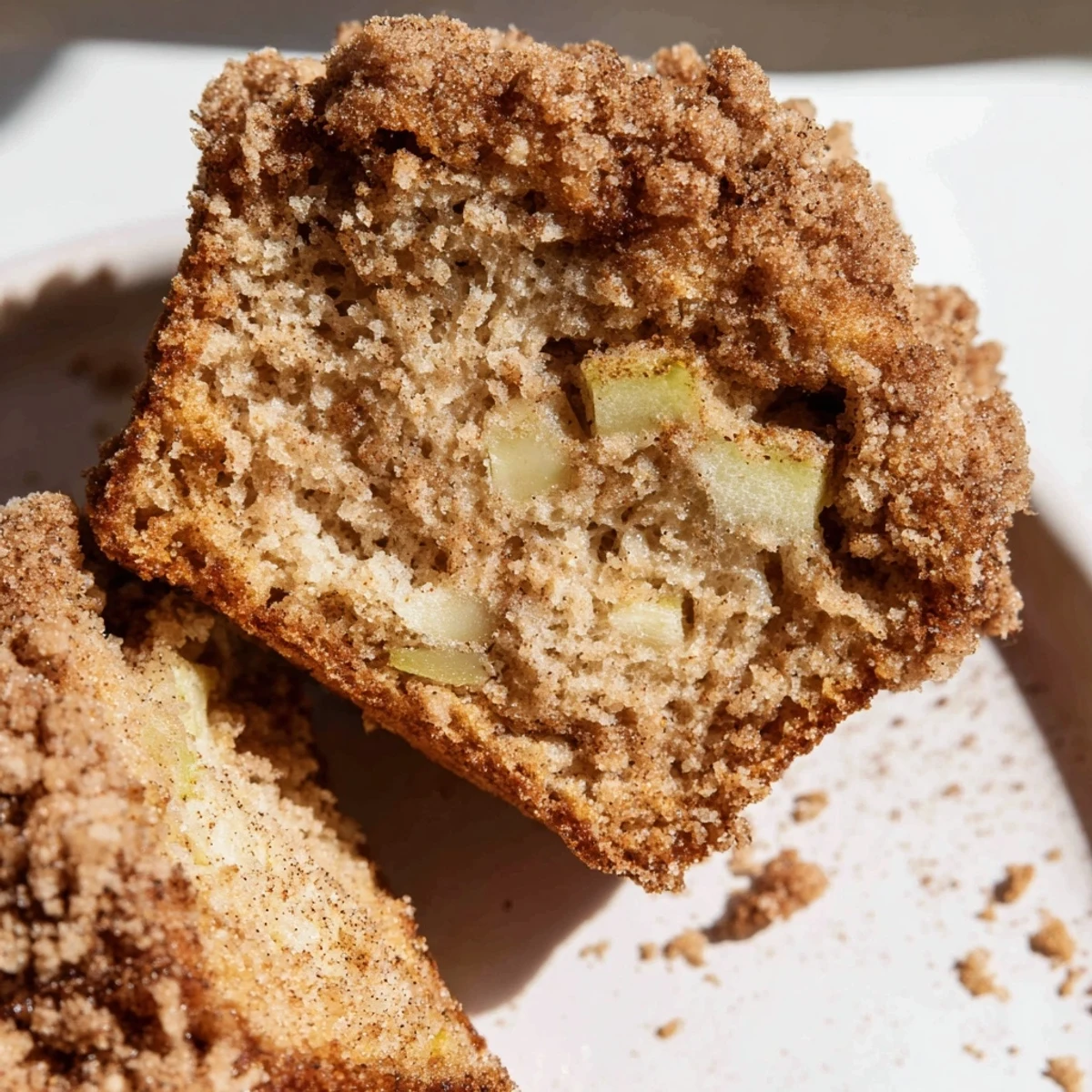 Freshly baked Cinnamon Apple Muffins with Streusel arranged in a tin with apple slices and cinnamon sticks.