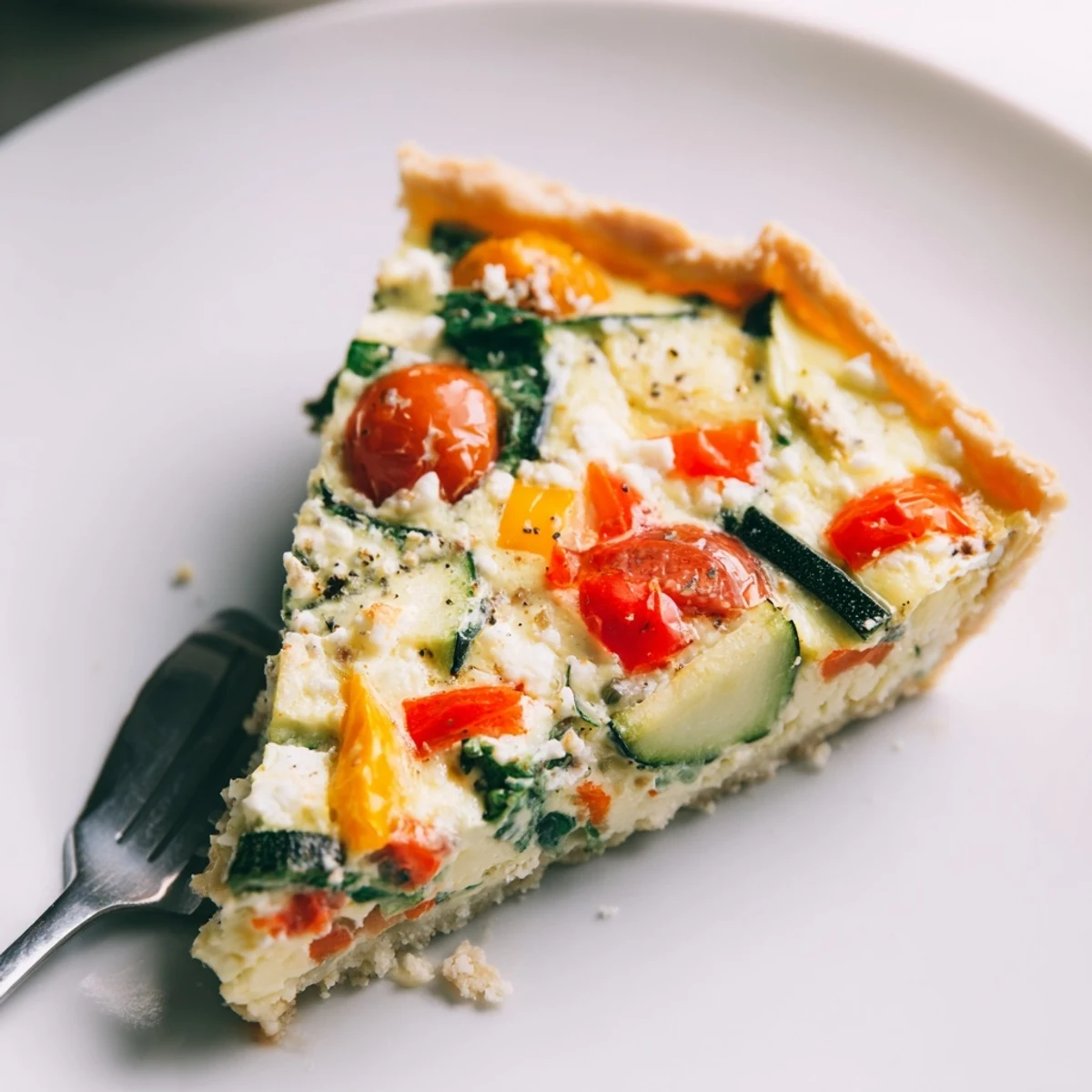 Fresh-baked Savory Vegetable Quiche with Crust shows golden egg custard and vibrant zucchini slices inside a fluted pie dish.