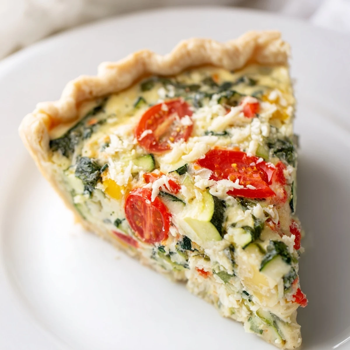Steam rises from a slice of Savory Vegetable Quiche with Crust revealing melted Gruyère cheese and roasted red bell peppers.