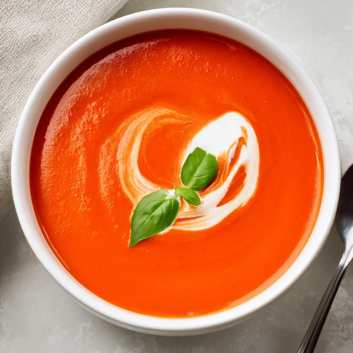 A close-up of velvety Creamy Tomato Basil Soup with Cream in a white mug, with crusty bread for dipping.
