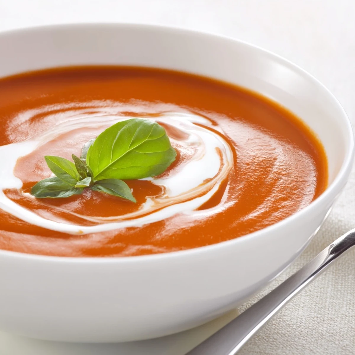 Creamy Tomato Basil Soup with Cream served steaming in a rustic bowl, garnished with fresh basil and a rich cream swirl.