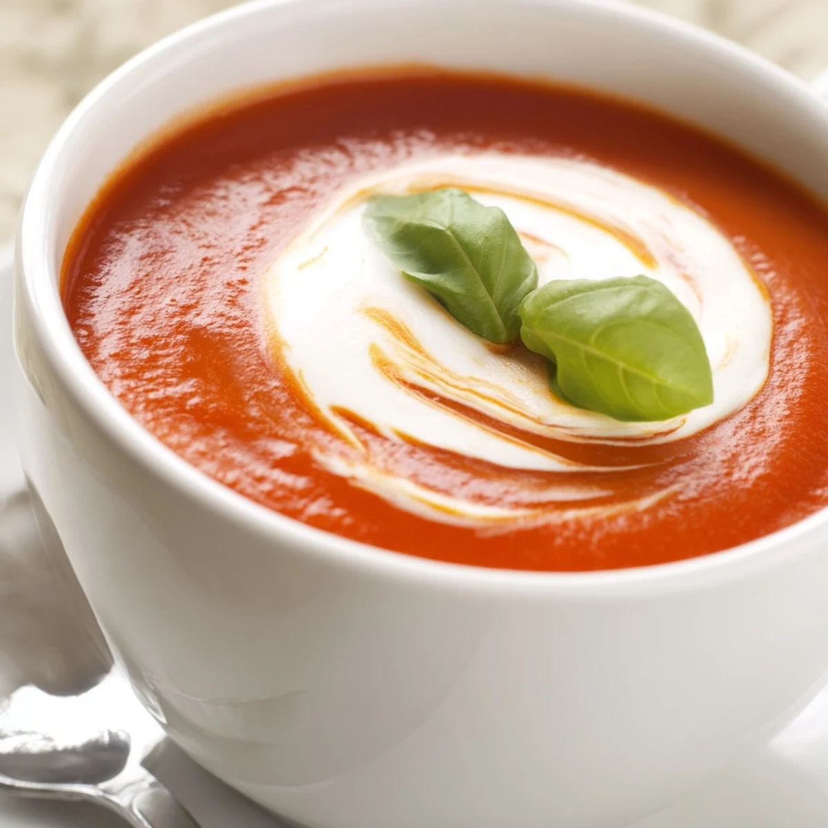 Homemade Creamy Tomato Basil Soup with Cream topped with a drizzle of cream and fresh basil, beside a grilled cheese.