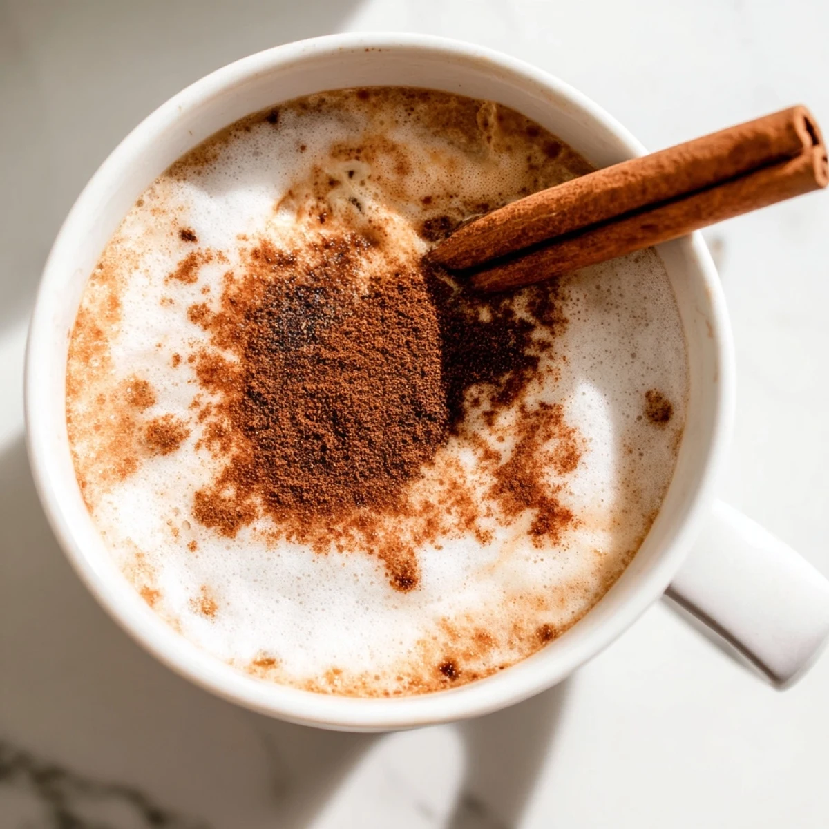 Spiced Chai Tea Latte with cinnamon stick stirrer on a rustic wooden table beside spices.