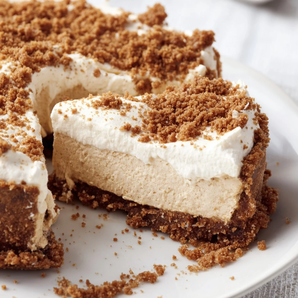 Freshly sliced Gingerbread Cheesecake with Gingernut Base, revealing a creamy, spiced filling and crunchy biscuit crust on a white plate.