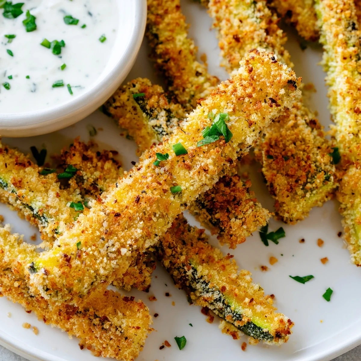 Golden-brown Crispy Zucchini Fries arranged on a plate, served with creamy ranch dip for dipping.