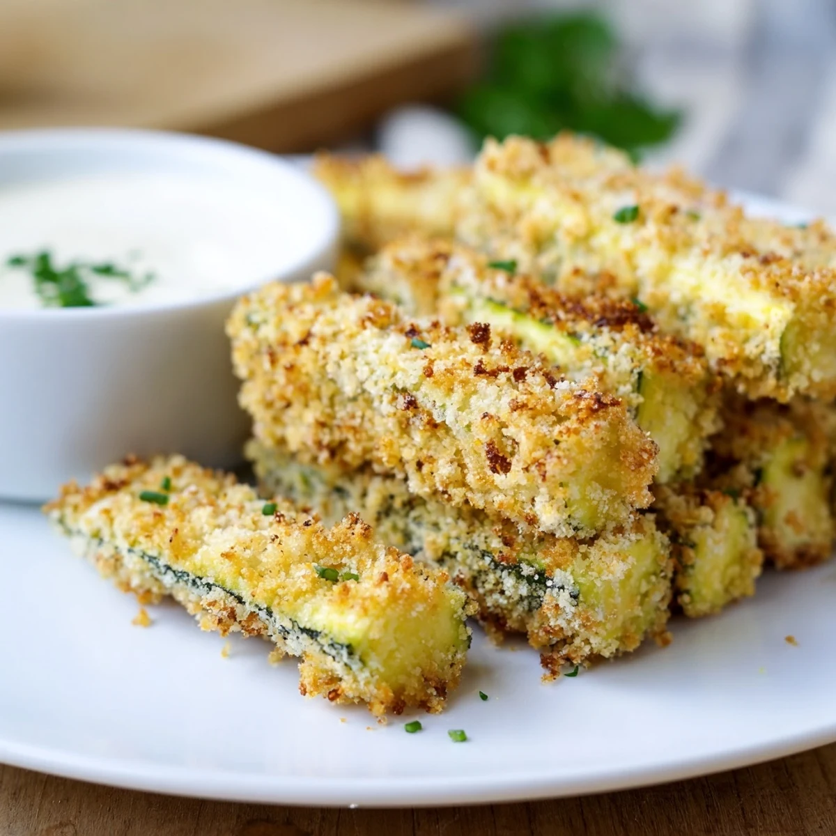 Platter of crunchy Crispy Zucchini Fries with herbs and ranch dip, ideal for a game day snack.
