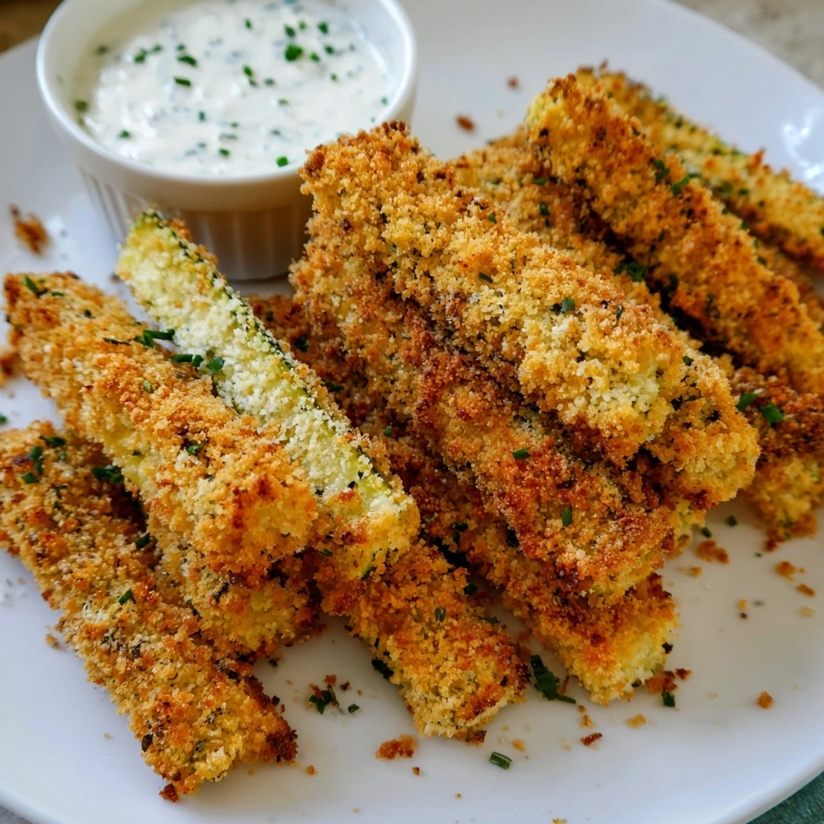 A side view of baked Crispy Zucchini Fries with ranch dressing, perfect for a vegetarian appetizer.