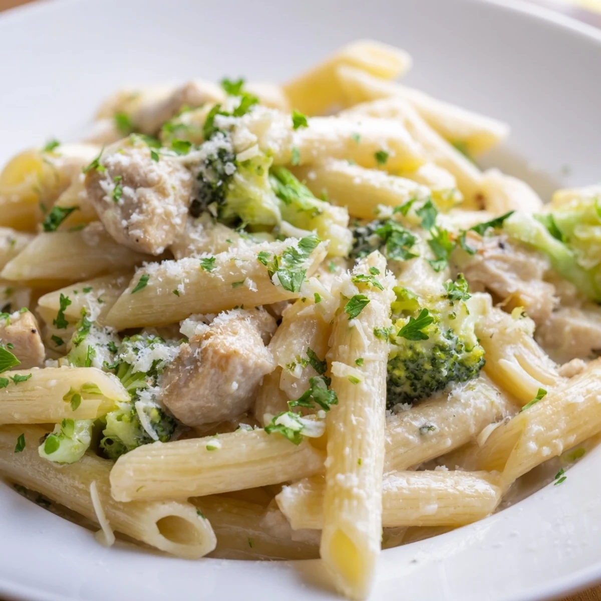 Golden-brown chicken pieces and bright green broccoli florets tossed with penne in a creamy Parmesan sauce in a skillet.