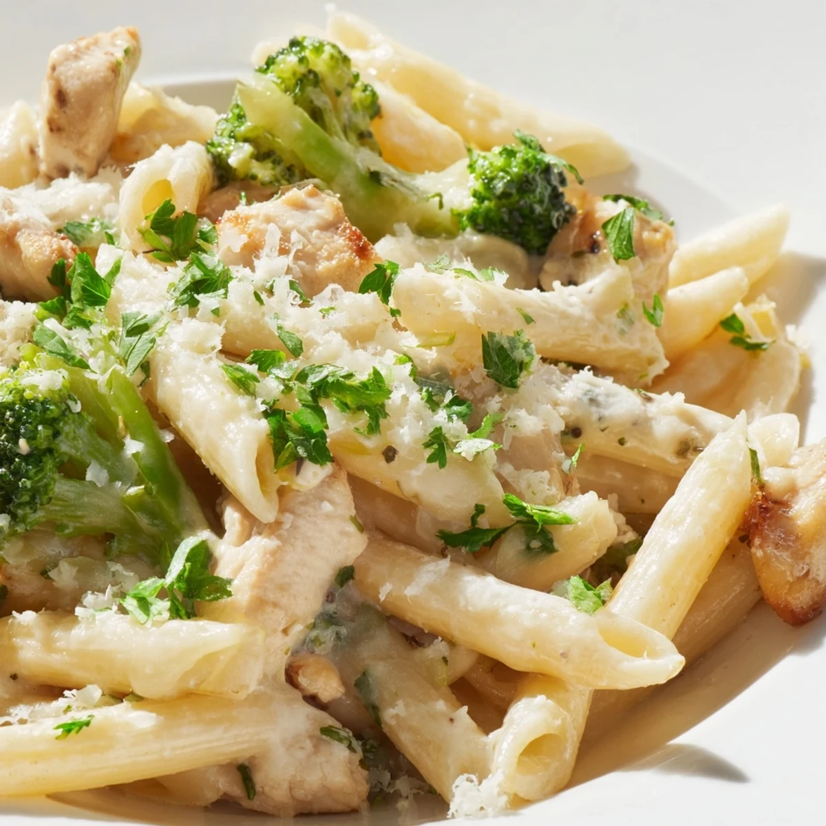 A close-up shows steam rising from a serving of Creamy Broccoli Pasta with Chicken topped with fresh parsley.