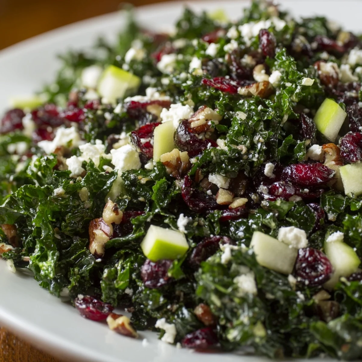 A vibrant Winter Kale Salad with cranberries served in a rustic bowl, topped with crumbled feta and sliced red onion.