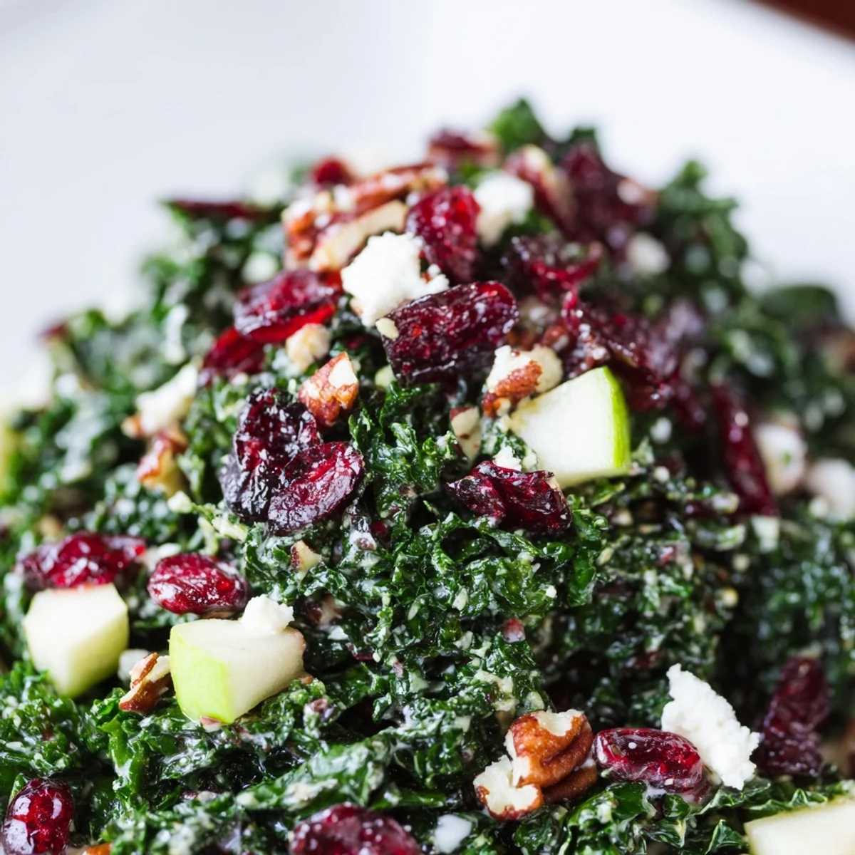 Healthy Winter Kale Salad with cranberries, apples, and walnuts, ready to enjoy as a gluten-free vegetarian side dish.