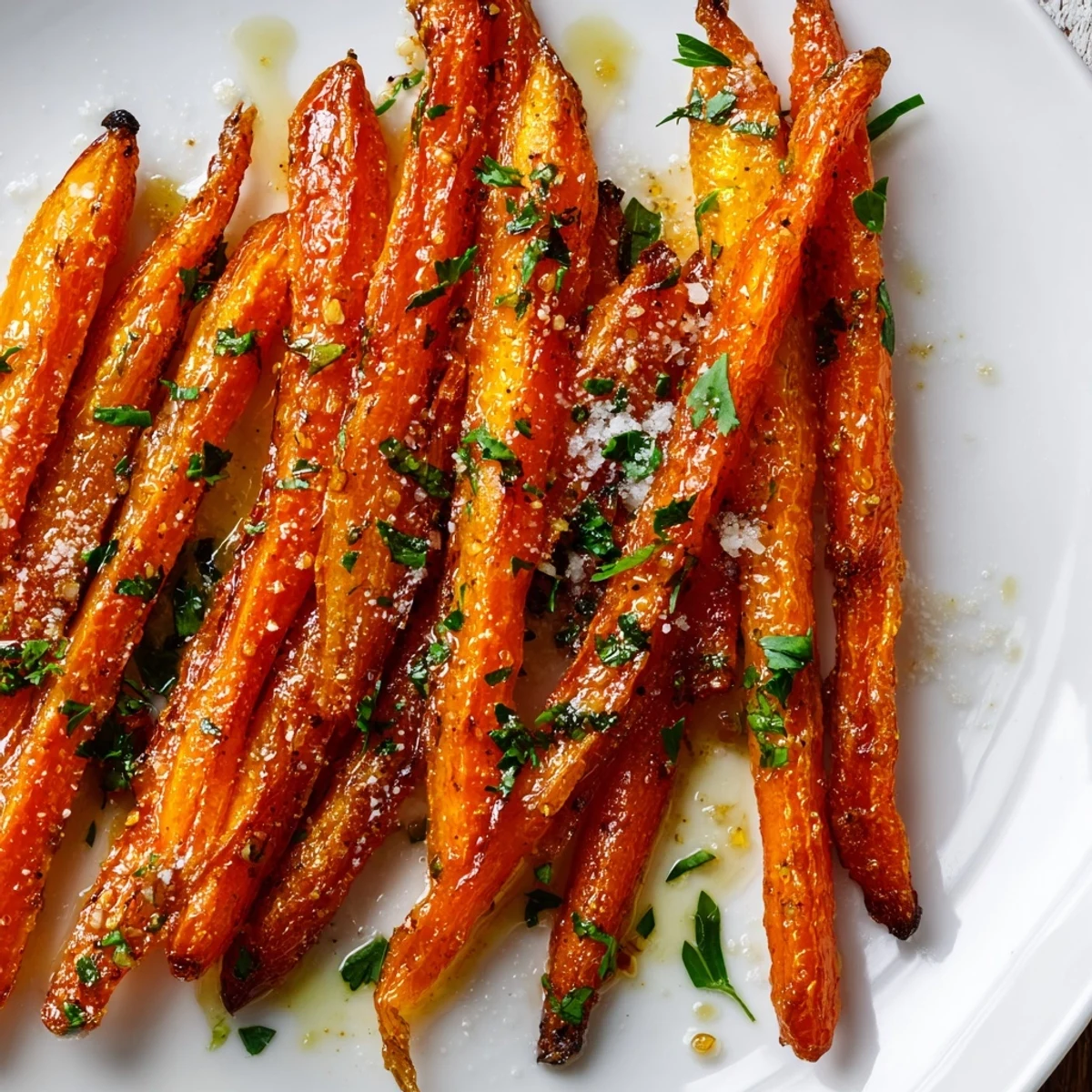 Tender roasted carrots with maple glaze on a white platter, garnished with fresh parsley for a vibrant side dish.