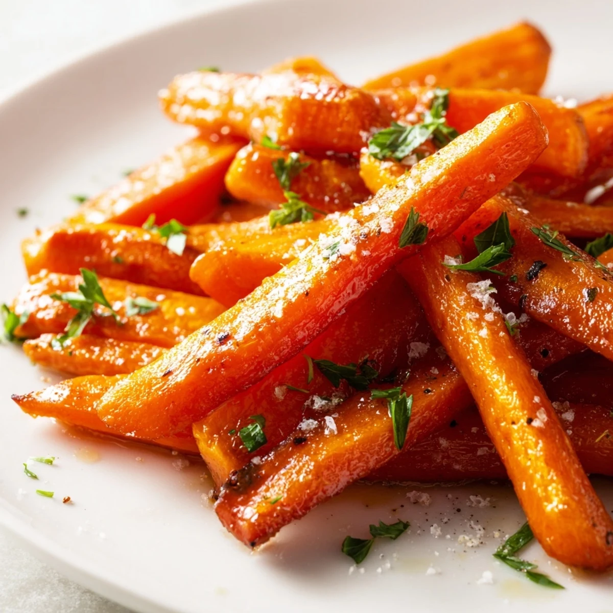 Freshly roasted carrots with maple glaze, finished with chopped parsley and served warm alongside a grilled main course.