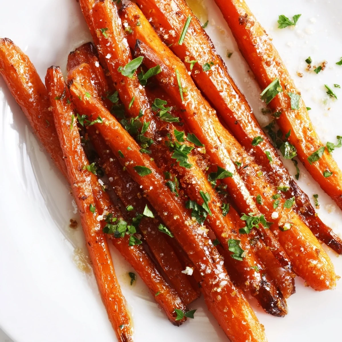 Glazed carrots fresh from the oven, glistening and caramelized, arranged on a rustic wooden board for family-style serving.