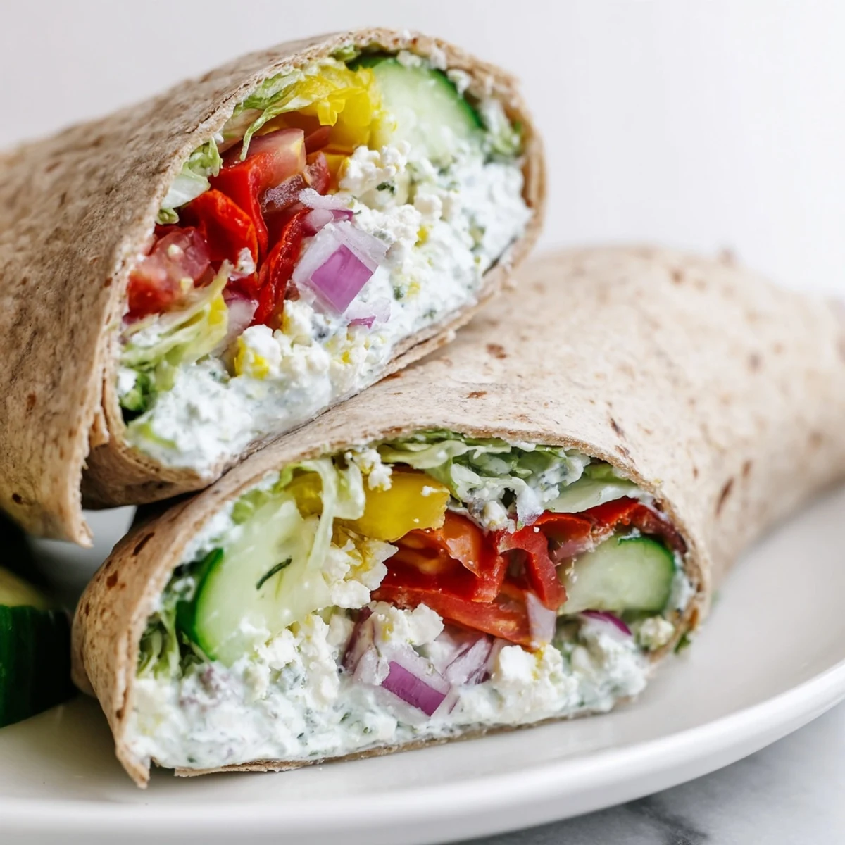 Freshly prepared Mediterranean Wrap with feta, stuffed with crisp cucumber and tomatoes and drizzled with creamy yogurt dressing on a wooden board. 