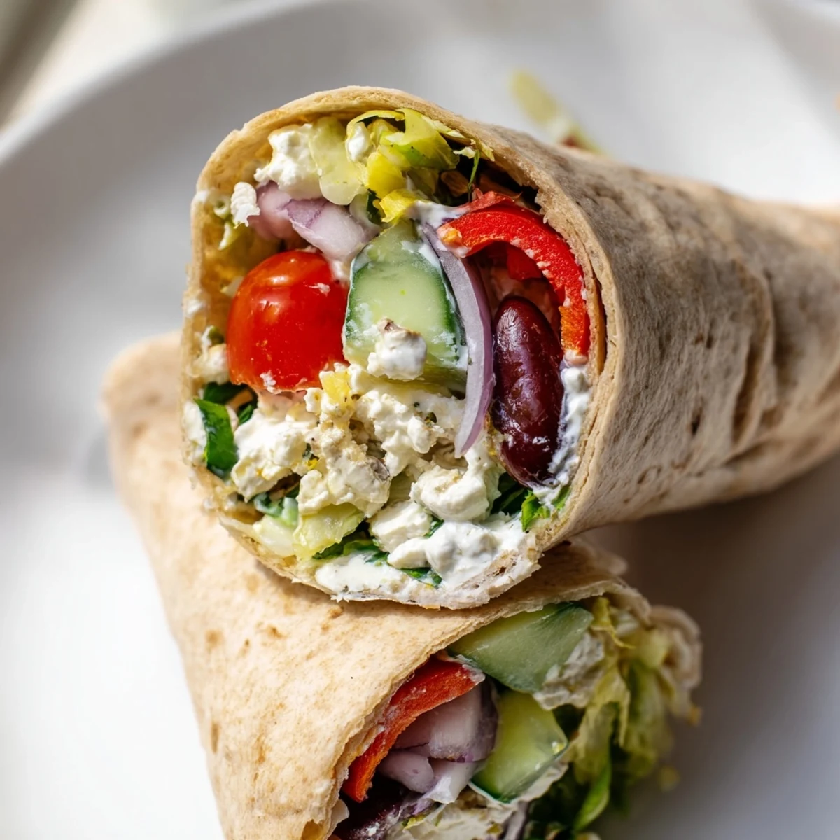 Soft whole wheat tortilla folded around Mediterranean Wrap with feta, featuring vibrant roasted red peppers and fresh dill on a plate.
