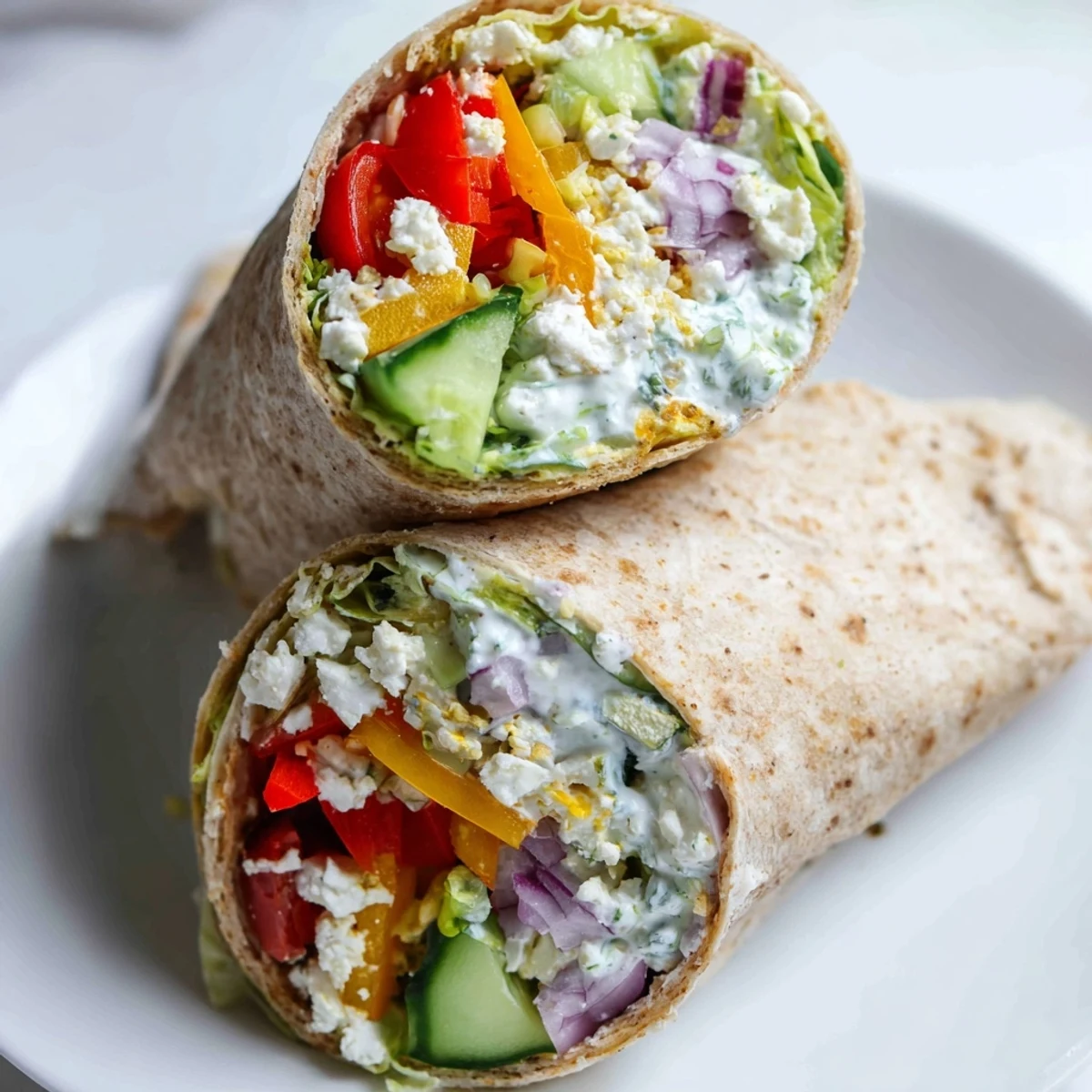 Sliced Mediterranean Wrap with feta showcases colorful veggies and herbs, served alongside a bowl of tangy yogurt dip for dipping. 
