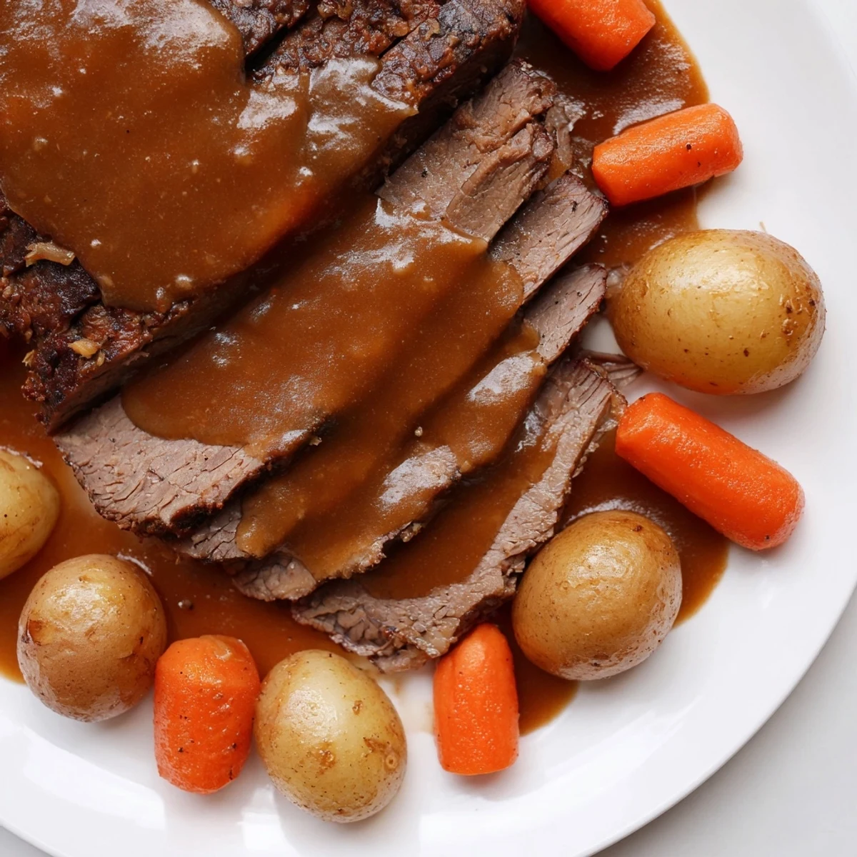 Shredded Slow Cooker Pot Roast with Carrots spooned over creamy mashed potatoes for dinner.