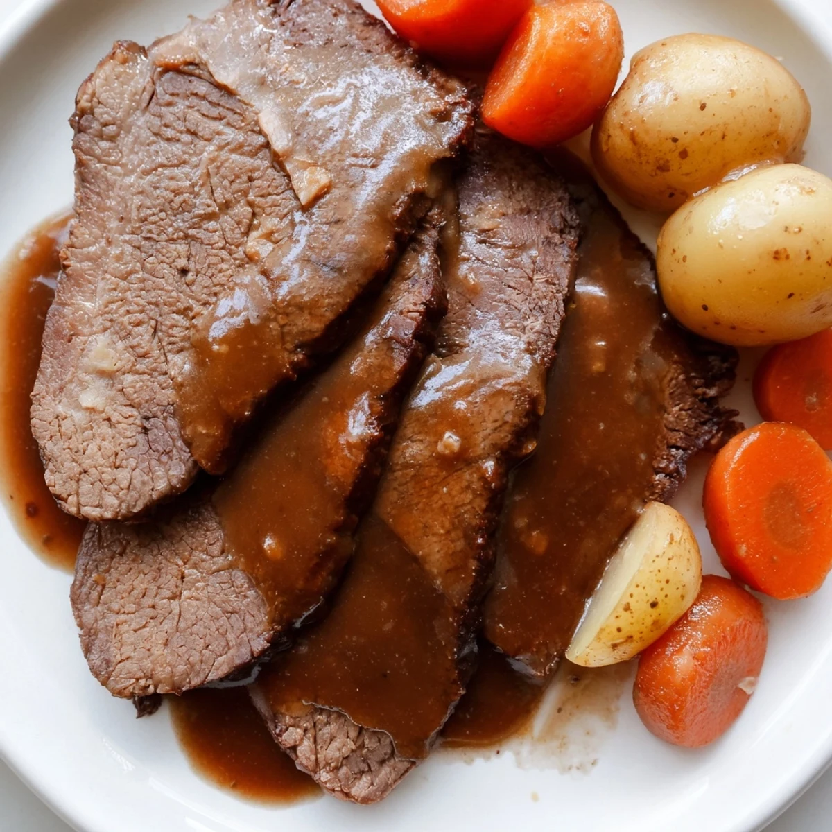 Fall-apart Slow Cooker Pot Roast with Carrots nestled beside halved potatoes and fresh rosemary.
