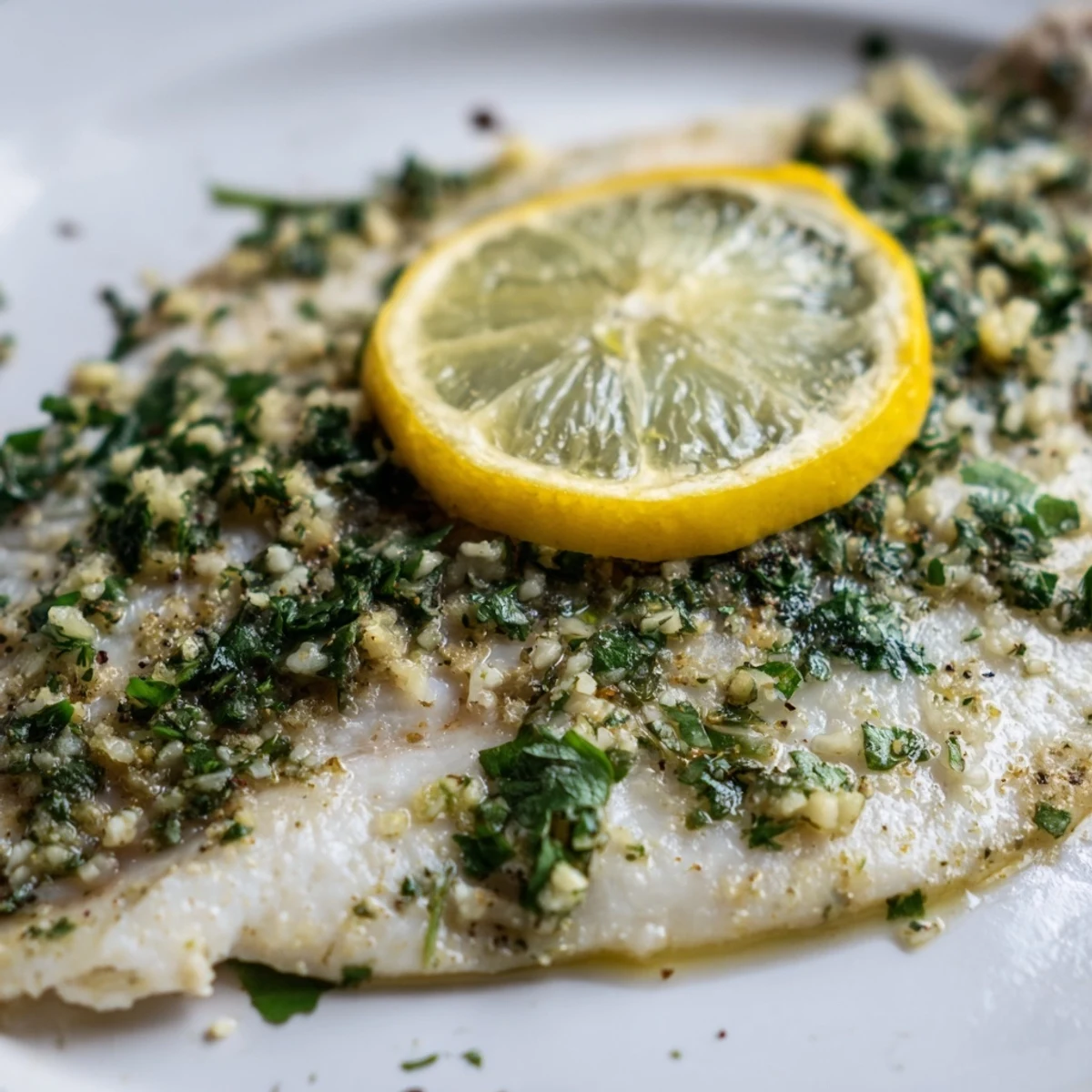 Tender Baked Tilapia with Herbs flaking easily with a fork, garnished with fresh parsley and dill, served alongside steamed broccoli and rice.
